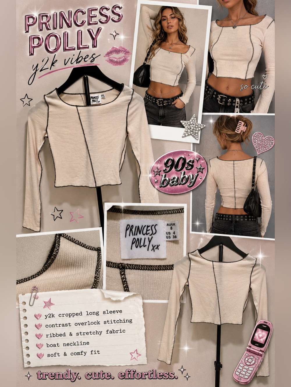 Princess Polly Size 4 Cream Ribbed Contrast Seam Long Sleeve Top Y2K